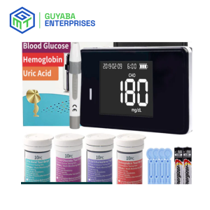 4 in 1 Machine with test strips and a compact design for monitoring blood glucose, hemoglobin, cholesterol, and uric acid.