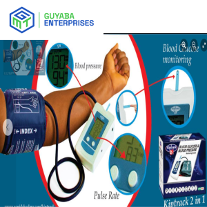KIPTRACT Blood Pressure and Blood Glucose Machine with a complete kit, including test strips, cuff, and finger-puncturing device.